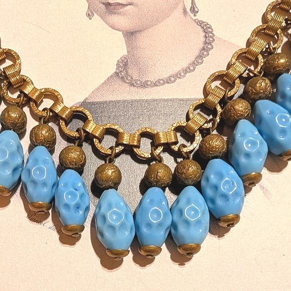 Antique Bookchain Czech Molded Pressed Sky Blue Glass Dangles Choker Necklace - Picture 2 of 8
